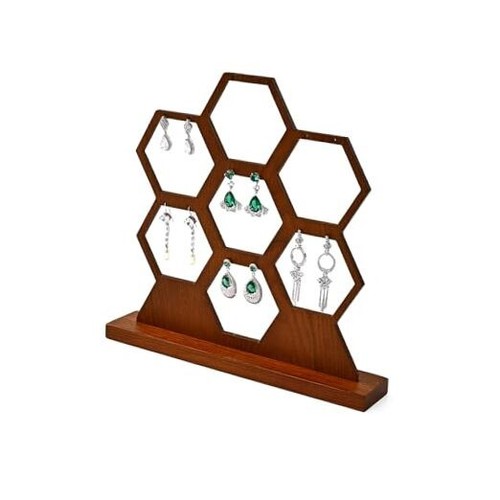 Hexagonal Jewelry Earring Display Stands for Selling, Wooden Jewelry Dark