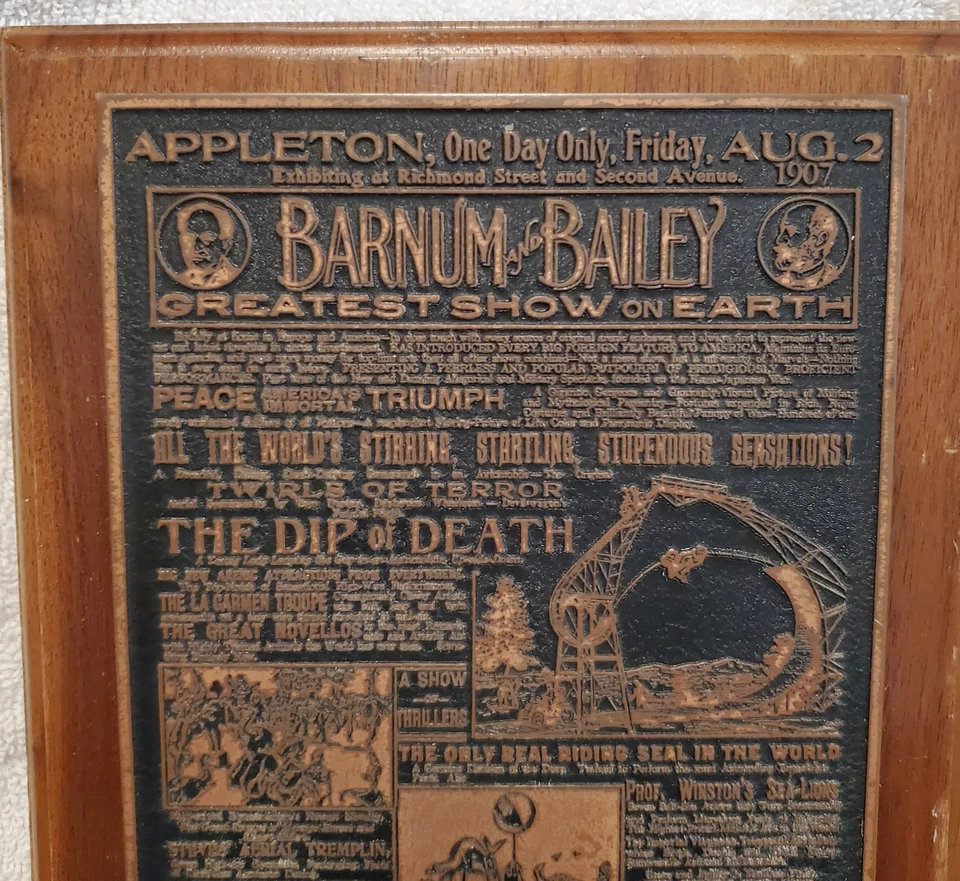 Placa de impressão vintage publicidade circo Barnum & Bailey em placa de madeira  - Imagem 2 de 4