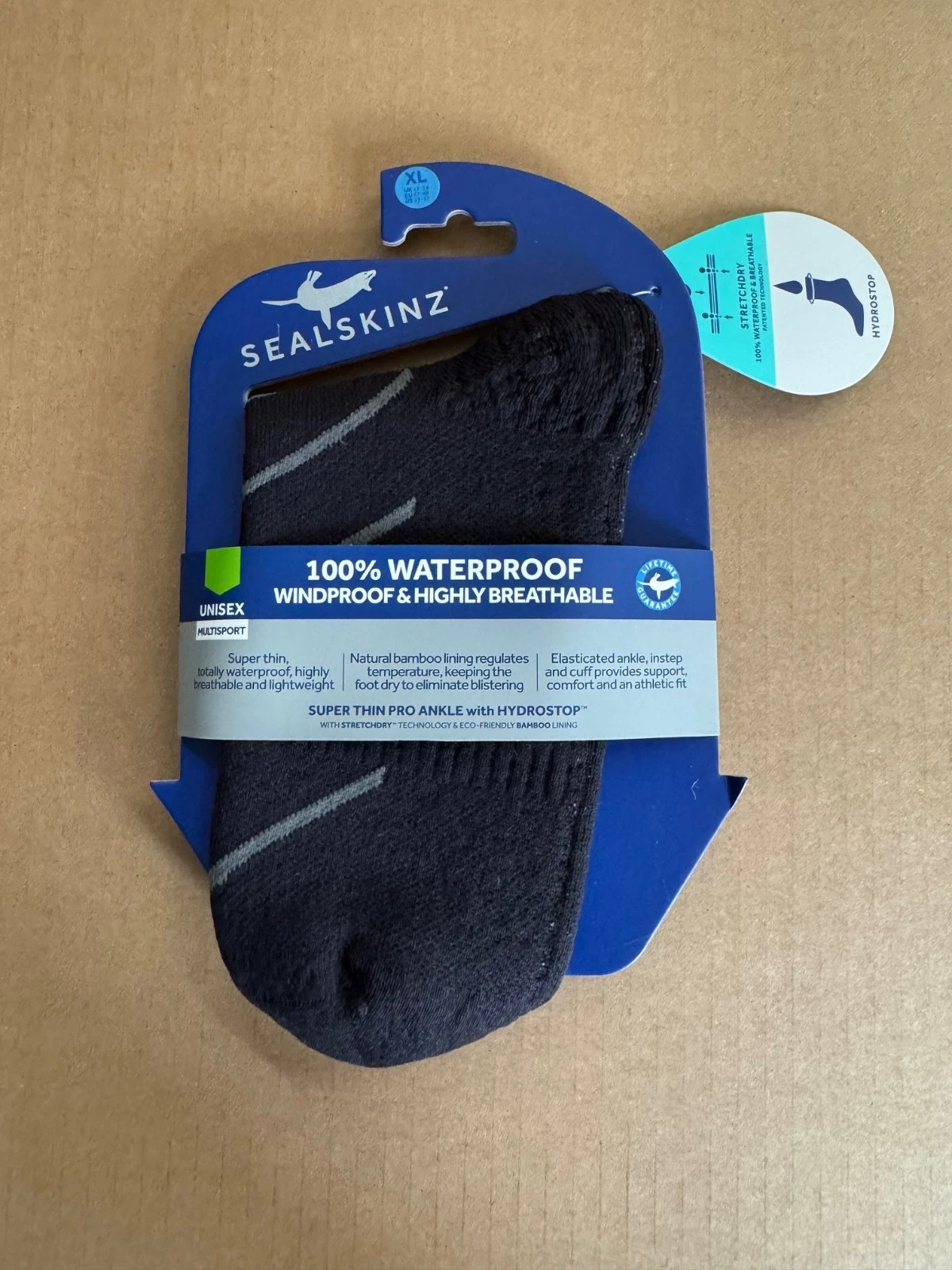 SEALSKINZ Waterproof Super Thin Pro Ankle w HYDROSTOP-Black-XL
