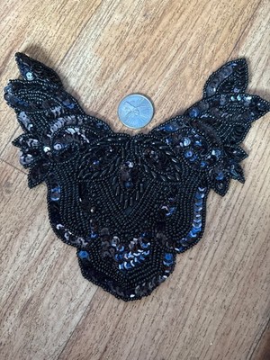 Fancy black sequin and beaded large collar appliqué in leaf pattern