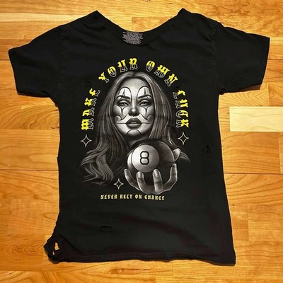 Make Your Own Luck Chicano Clown 8-Ball Distressed Graphic Tee Medium DIY Cut
