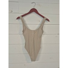 Tan Ribbed Henley Bodysuit Scoop Neck Snap Button Sleeveless Beige Small
