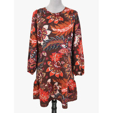 Loft Dress Petites 12P Brown Orange Floral Back Zip Buttons Ruffle Hem New