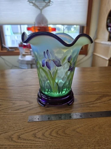 Fenton Designer Showcase Series Green Opal Glass Vase w/ Purple Iris Signed
