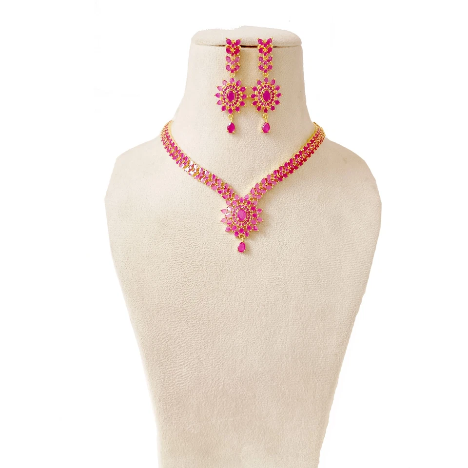 Juego de collar de rubí de lujo para mujer enchapado en oro de 22 quilates joyería nupcial boda fiesta Foto 2 de 4