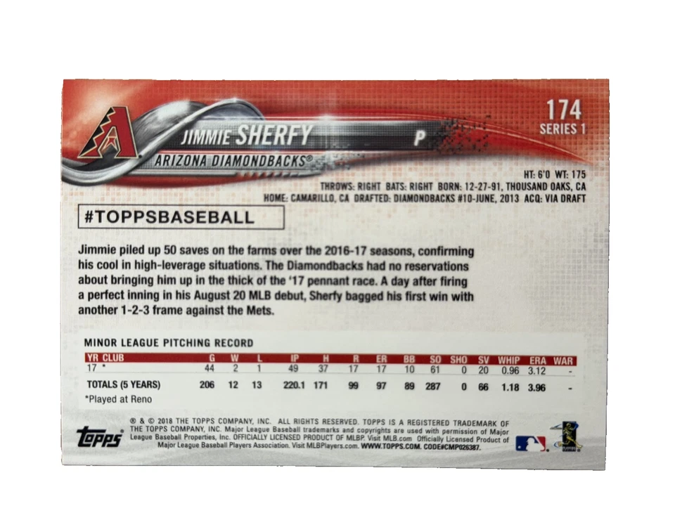 Excellant: 2018 topps Jimmie Sherfy Arizona Diamondbacks Rookie Trading Card - Image 2 of 2