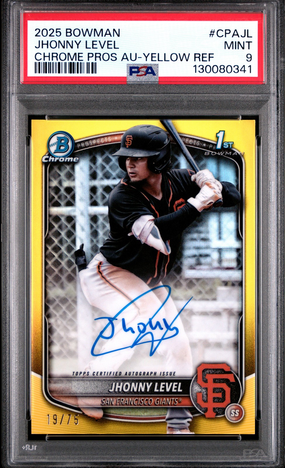 2025 Bowman Chrome Prospect #CPAJL Jhonny Level Auto Yellow Refractor #/75 PSA 9