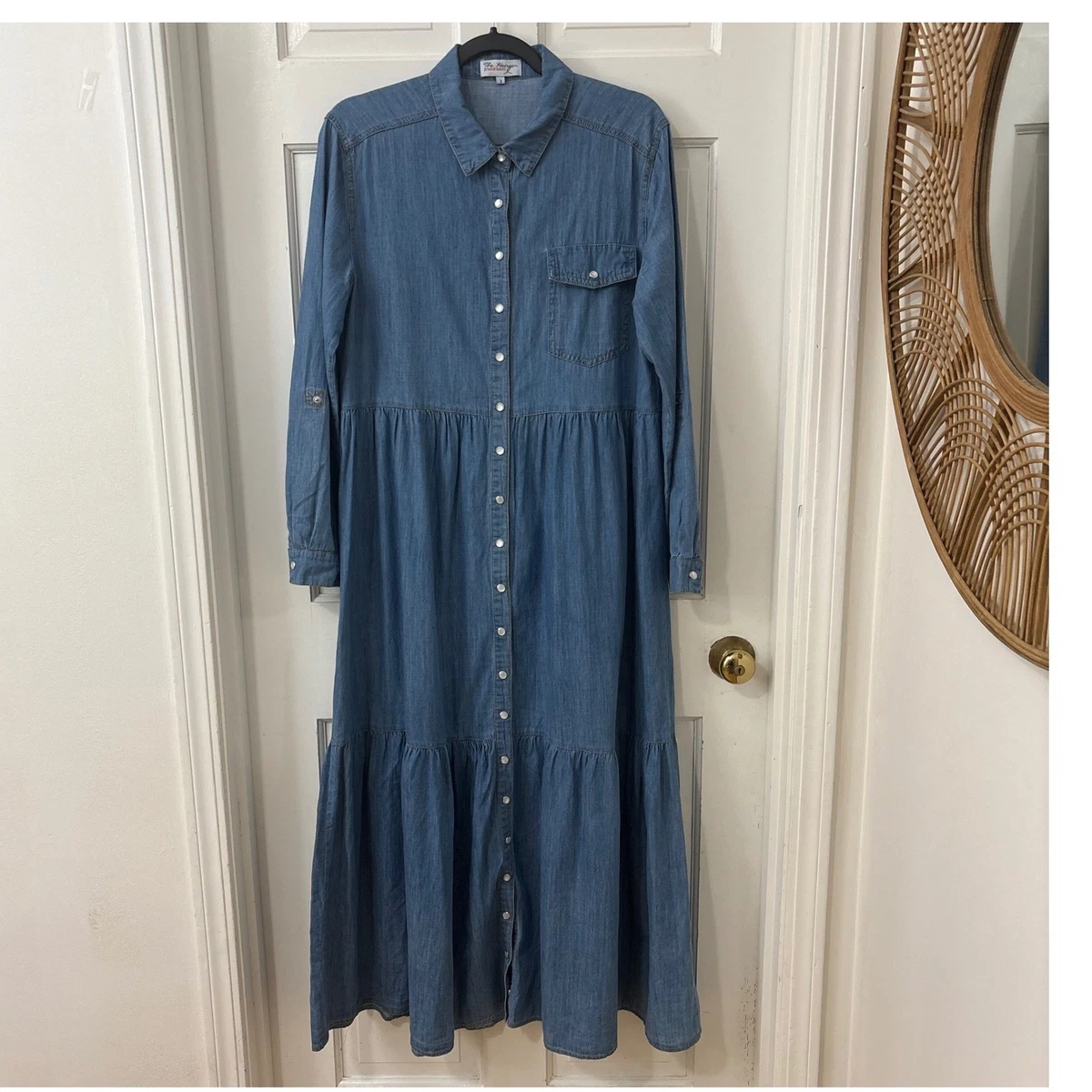 ladies denim maxi dress Regular Size Dresses for Women for sale denim dress Petite Long-Sleeve V-Neck Cutout Latin/Rhythm dance dress It features button fastenings Color:SOFT WHITE/BLACK