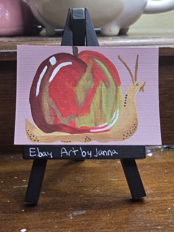 ACEO Original 2.5x3.5  ArtbyJanna "Apple Snail" acrylic on paper