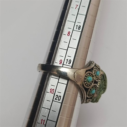 Silver-tone ring with green scarab stone and turquoise inlays, Egyptian vintage - Picture 6 of 9