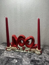 Ceramic Taper Candle Holder NOEL Christmas Lipper & Mann Holly Berries Ivory