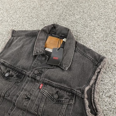 NEW Levis Vest Mens S Gray Black Denim Jean Type 3 Trucker Cutoff Biker Jacket