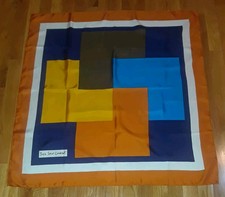 YSL Yves Saint Laurent Orange Yellow Brown Blue Color Block 100 Silk Scarf 32"