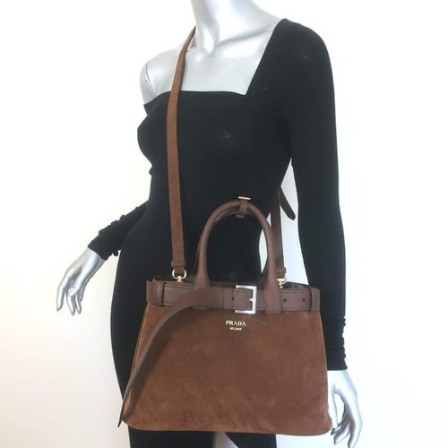 Prada Medium Buckle Belted Top Handle Bag Brown Suede Crossbody NEW