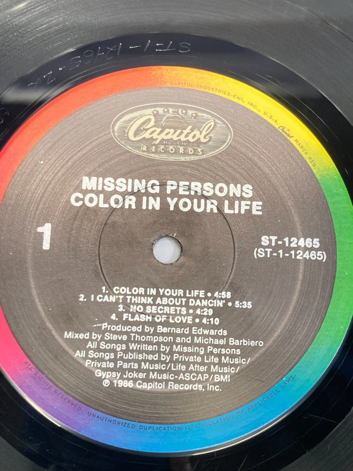 Missing Persons Color In Your Life Vintage Vinyl LP 1986 Capitol Record ST-12465 - Image 2 of 4