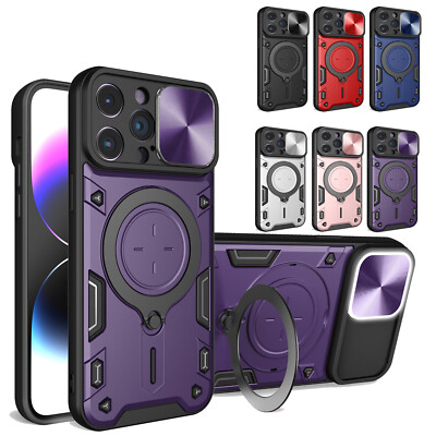For iPhone 16 15 14 13 12 11 Pro Max Magnetic Slide Camera Cover Stand Case