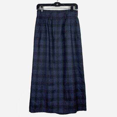 Vintage 100% Wool Plaid High Waisted Skirt Gray Blue Pleated Front Midi  Size