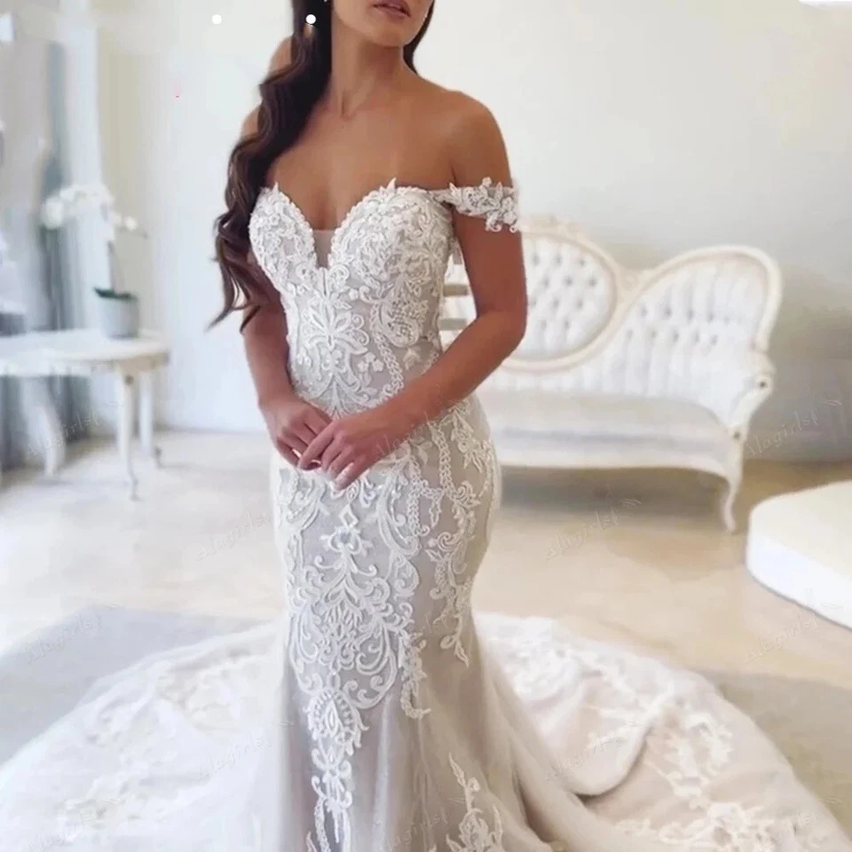 Mermaid Wedding Dresses Off Shloulder Sweep Train Elegant Beach Boho Bridal Gown - Image 3 of 4