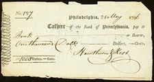 PA $1000 PHILADELPHIA The Bank of Pennsylvania May 28, 1796 Vintage Bank Check