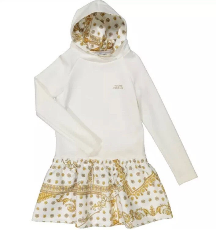 YOUNG VERSACE Abito con cappuccio bianco e oro barocco con motivi Made In Italy