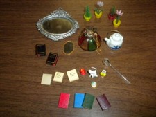 DOLLHOUSE MINIATURES vintage Lot 6 mirror lamp plants books teapot mouse bibles