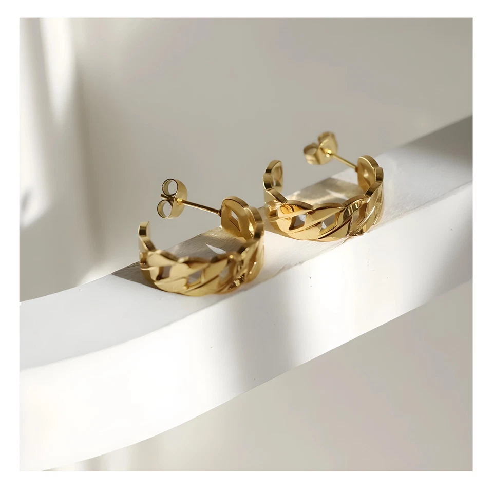 Pendientes Huggie de Lujo Oro 18K Eslabones Cubanos C Cuelgan Borla Gota Tachuela Minimalista Foto 3 de 4