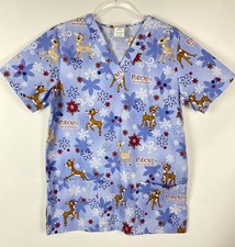 Rudolph the Red Nosed Reindeer Scrub Top Size S Blue V-Neck Medical Nursing