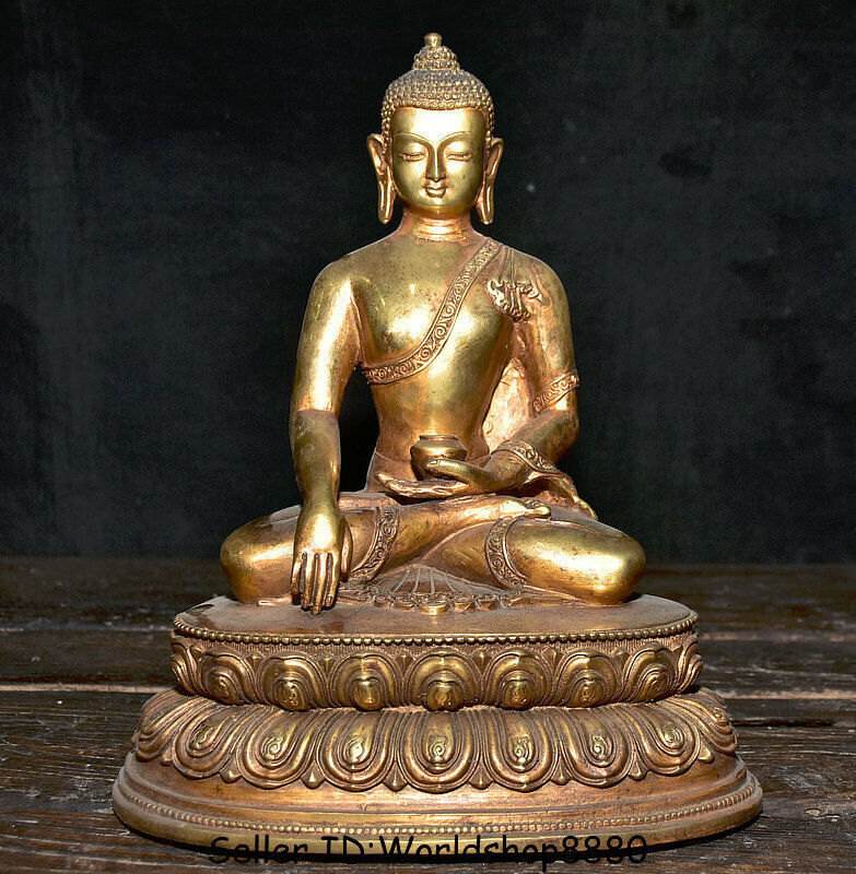 11.6 Inch Copper Gilt Tibetan Buddha Statue of Shakyamuni and Amitabha