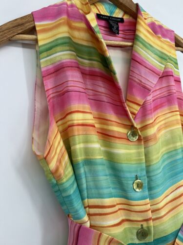 Vestido para mujer vintage años 90 Anne Carson con cinturón de seda a rayas arco iris talla 14” - Imagen 3 de 9
