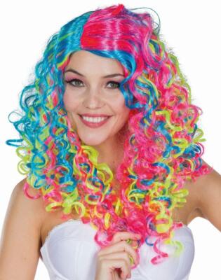 Farbige Damen Neon Perücke / Lockenperücke Regenbogen Märchen JGA Kostüm Party