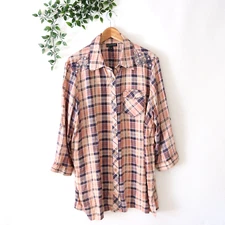 Greater Good Plus Size 2X Beige Pink Purple Plaid Long Sleeve Button Front Top
