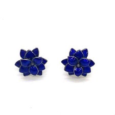 Vintage Sterling Silver Glossy Blue Enamel Flower Bloom Pierced Stud Earrings