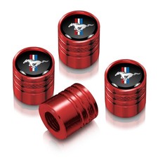 Ford Mustang Tri-bar Black On Red Aluminum Cylinder-style Tire Valve Stem Caps