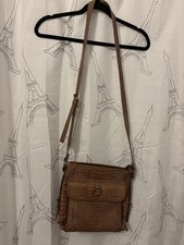Women's Brown Croc Embossed Rectangle Crossbody Bag Zip Closure Gold Hardware