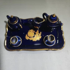 Limoges France Tea Set Vintage Miniature Porcelain Blue Cobalt trim gold 10 PC