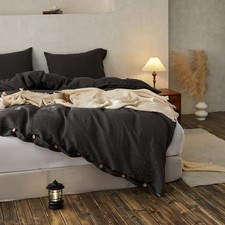 Charcoal Gray Linen Duvet Cover Set Boho Farmhouse Style With Coconut Buttons.