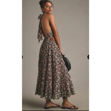 Rixo Jayne Halter Maxi Dress Floral Low Back Tiered Skirt Size 6 NEW