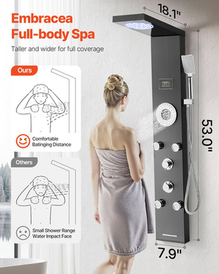 VEVOR Shower Panel Tower System with Rainfall Shower Head, LED, 53 in Brushed St