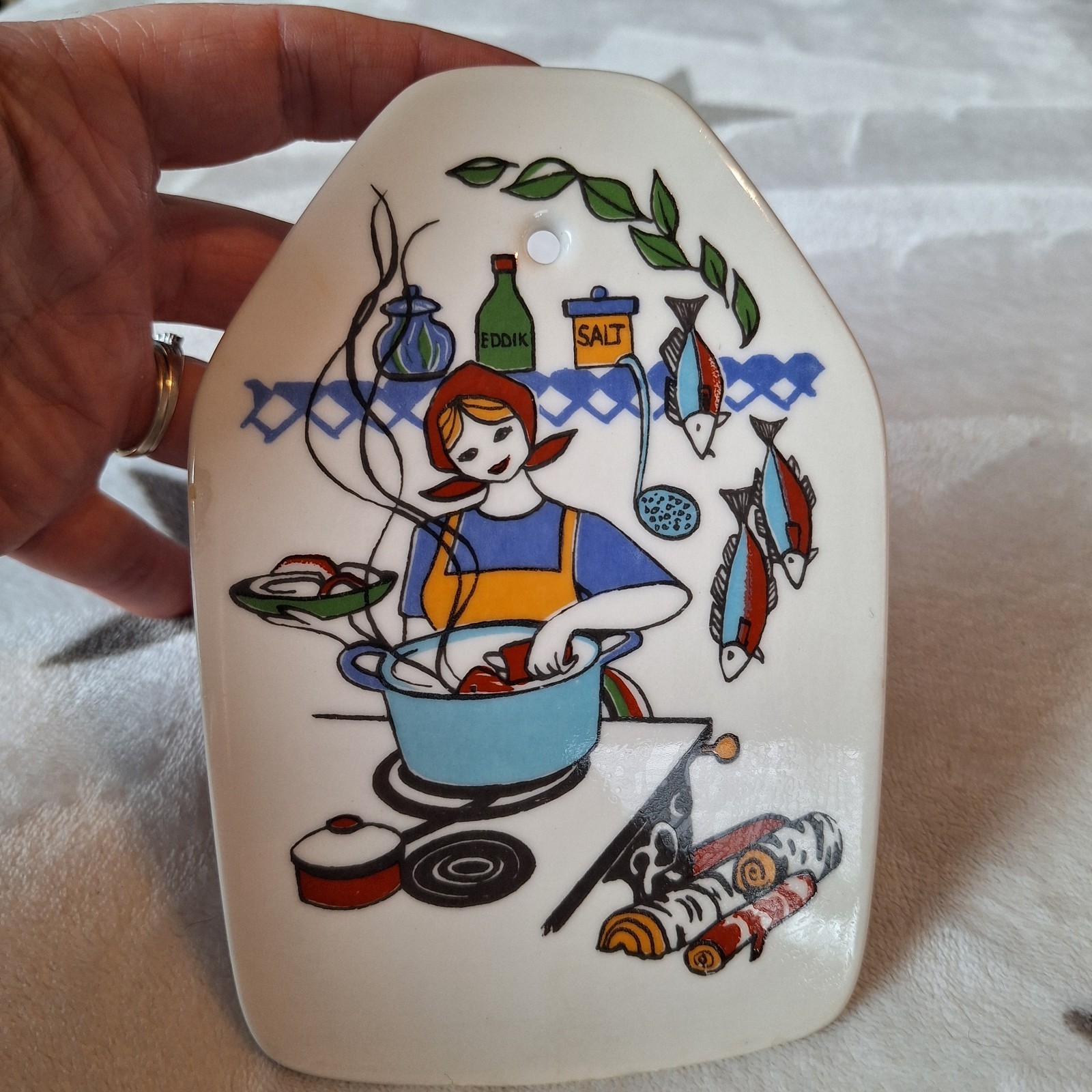Vintage Norwegian Figgjo Flint Torskefisk Wall Plaque Woman Cooking Kitchen