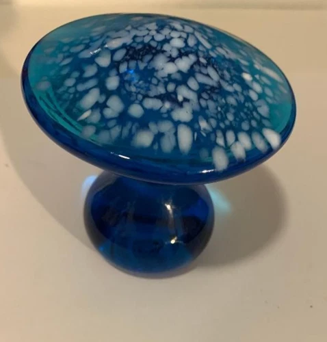Vintage Blenko? Blue w Spots Art Glass Mushroom Paperweight- LOT50-29
