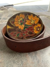 Vintage Orange Floral Enamel Liz Claiborne Belt Buckle and Brown Leather Belt M