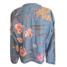 Chicos Denim Jacket Embellished Floral Beaded Embroidered Ruffle Collar Size 1