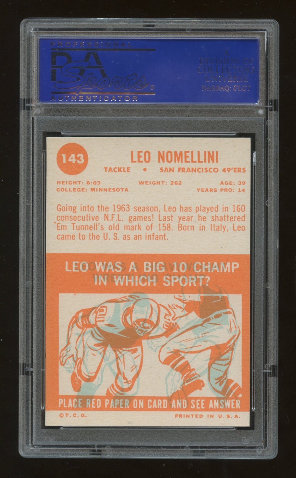 1963 Topps #143 Leo Nomellini 49ers HOF PSA 8 centered view 2