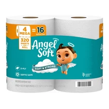 Angel Soft Toilet Paper, 4 Mega Rolls = 16 Regular Rolls, Soft and Strong Toilet