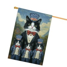 Tuxedo Cat House Flag Personalized 4th of July with Cat Wearing American Hat