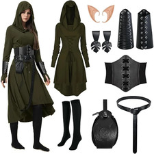8 Pcs Women Renaissance Fairy Costume Medieval Elf Dress with Faux Leather Arm P