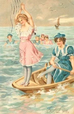 Embossed 1906 Painting of Girls playing in a Boat & Swimming Postcard Antique N