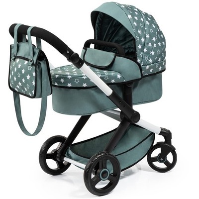 Bayer Pram Xeo Stars Green White - Matching Handbag Adjustable Handle Dolls Up