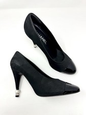 CHANEL Black Suede Pearl Accent Patent Leather Cap Toe Pumps Heels Size 39