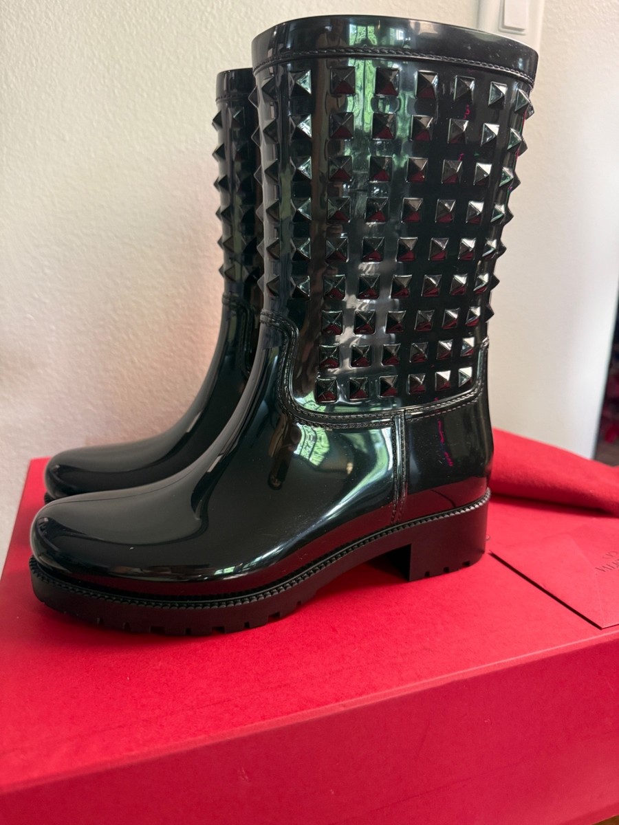 Valentino Garavani Rockstud Rain Boots Brown Studded Rubber US 7
